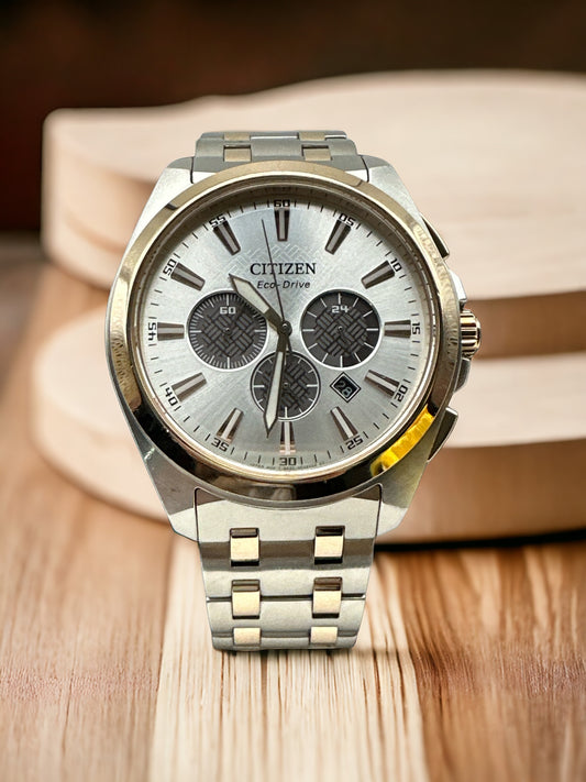 New Citizen Eco-Drive Men's Peyten Chronograph Silver Gold Watch 41MM