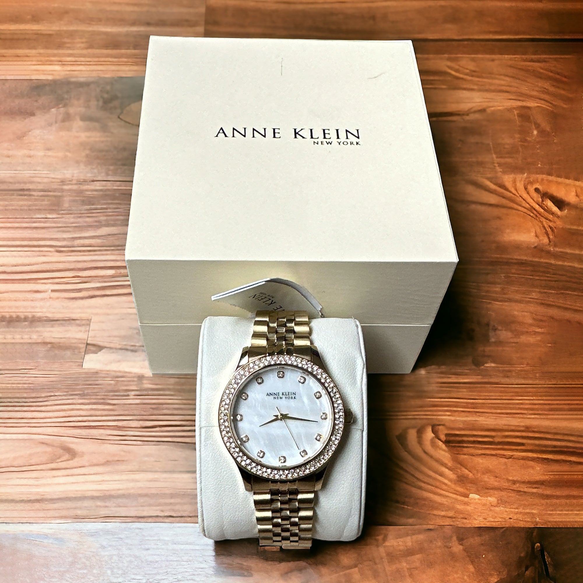 Anne Klein New York All Stainless Steel Gold-Tone Watch with Mother-of-Pearl Dial