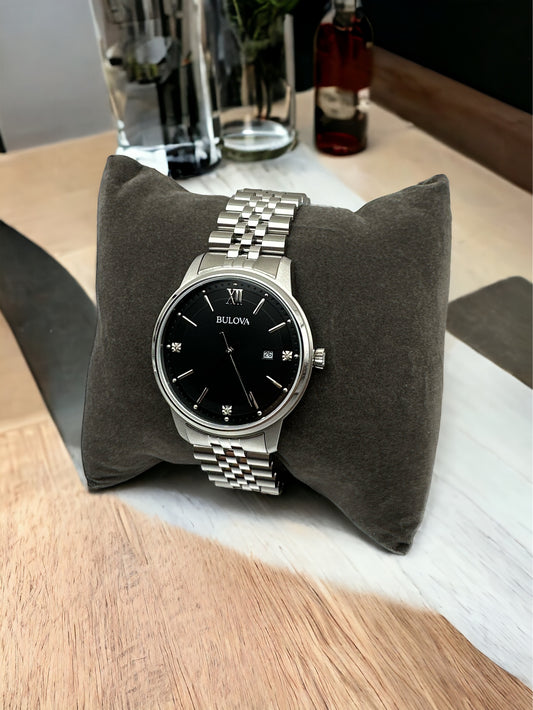 Bulova Classic Mens Diamond Accent Silver Tone Stainless Steel Bracelet Watch 96d151
